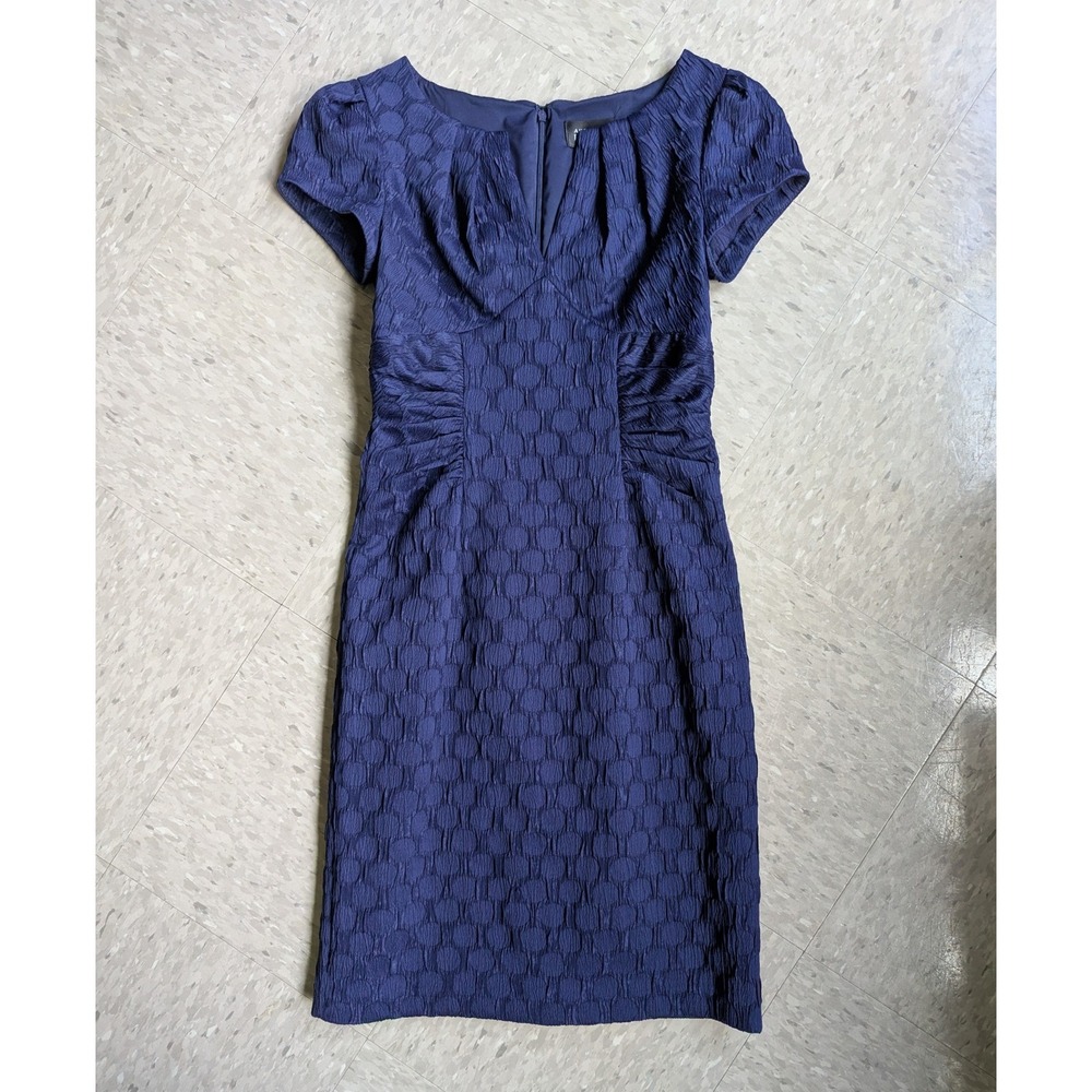 Adrianna Papell Navy Blue Textured Jacquard Sheath Dress Size 2 Cap Sleeve